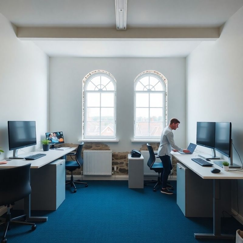Two engineers at standing desks with large monitors in a modern Dundalk office